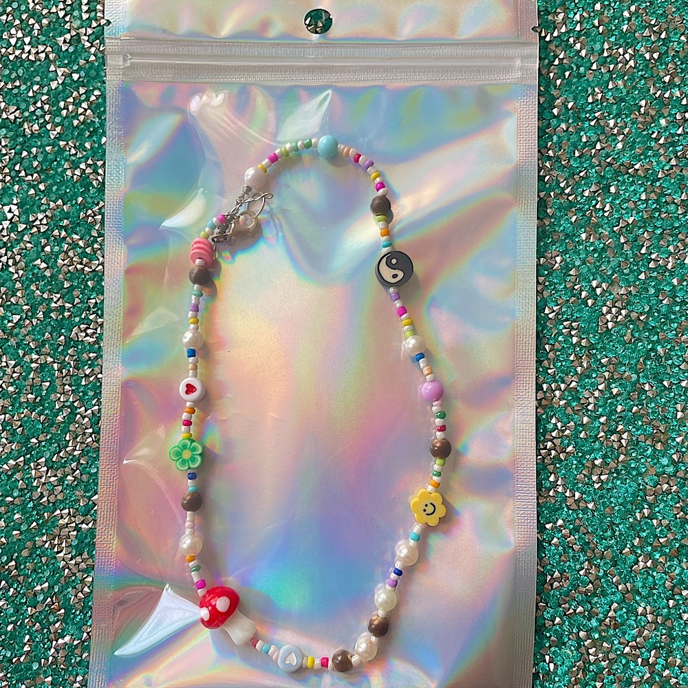 Fun trippy mushroom mix match yin yang beaded charm necklace
